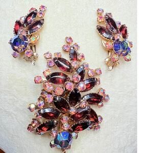 Striking Mid‑Century Red Marquise & AB Rhinestone Brooch Earring Set, Gold Tone